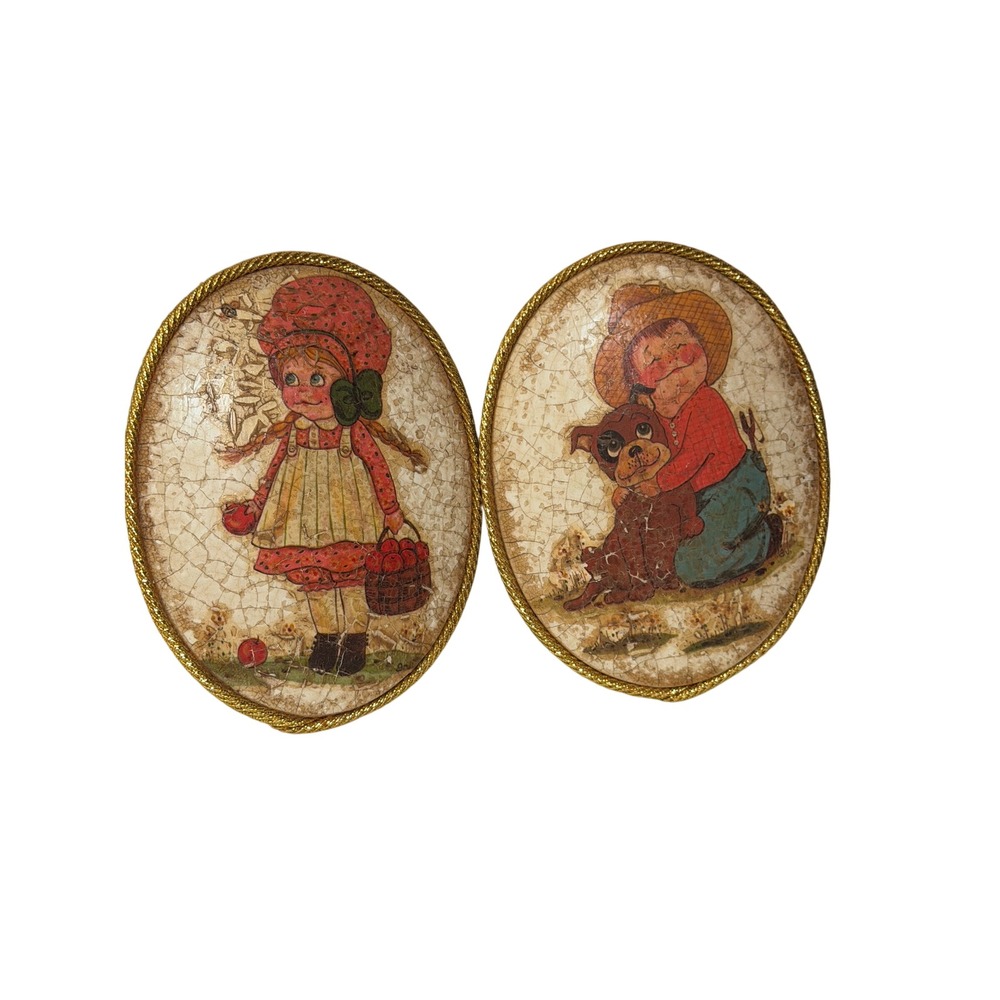 Vintage Oval Wall Plaques Set of 2 Crackle Finish Girl Boy‎ Dog Folk Art Decor